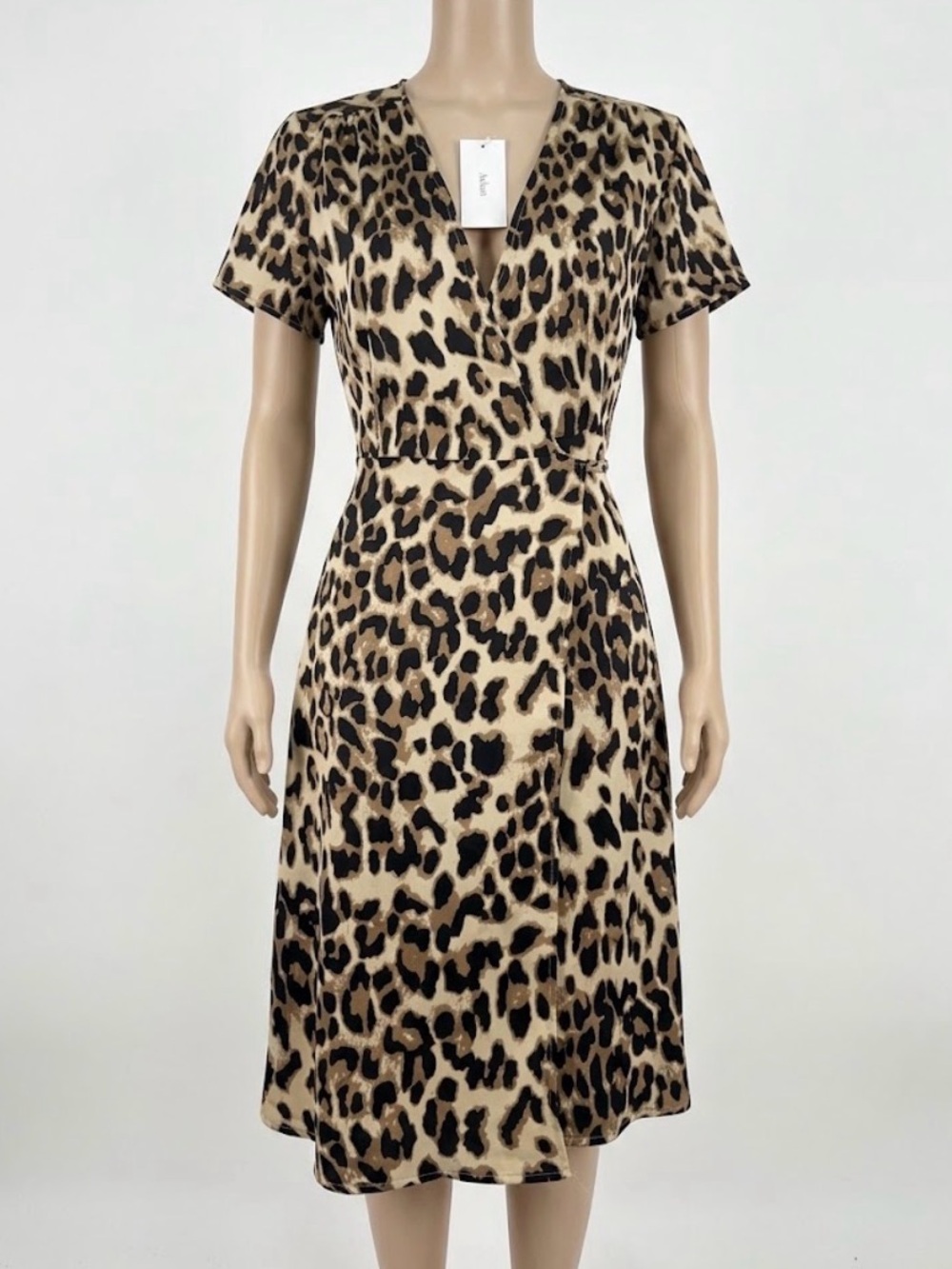 Leopard Print V-Neck Wrap Dress - Beige/Black